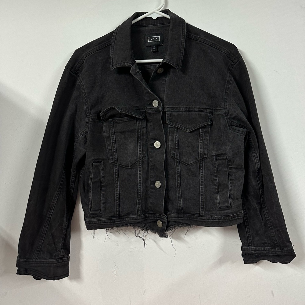 AYR Womens Black Denim Jean Jacket 100% Cotton Size M Cropped Distressed